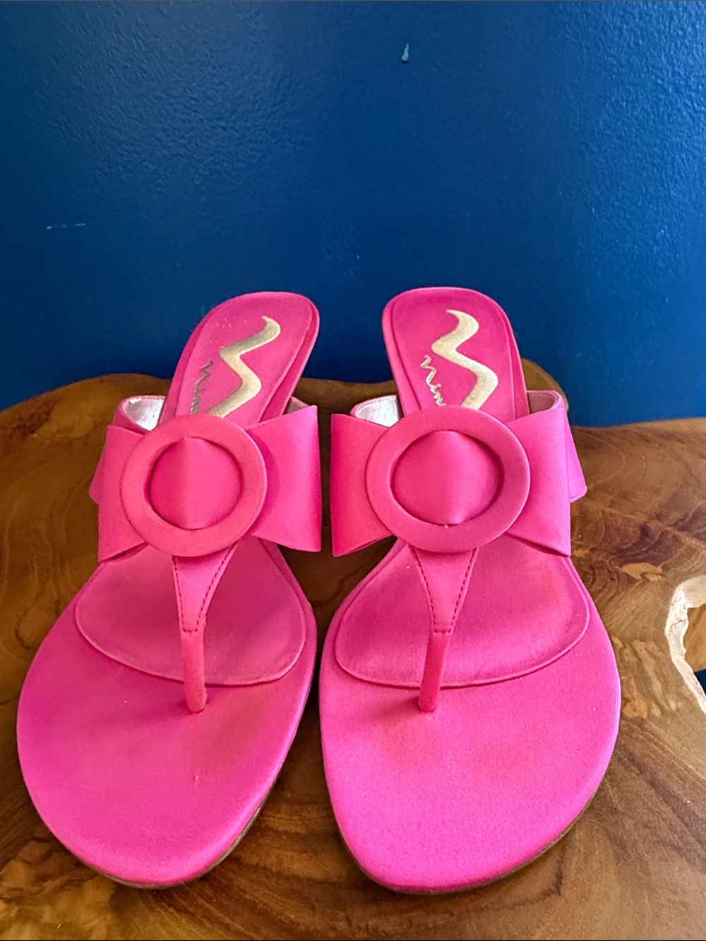 Women’s Nina Hot Pink Bow Thong Kitten Heel Sandals Size 6